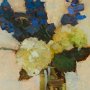 Lena Sirota, Delphinium and Hydrangea, Oil on board; 24 x 16 inches. $1,200<br />